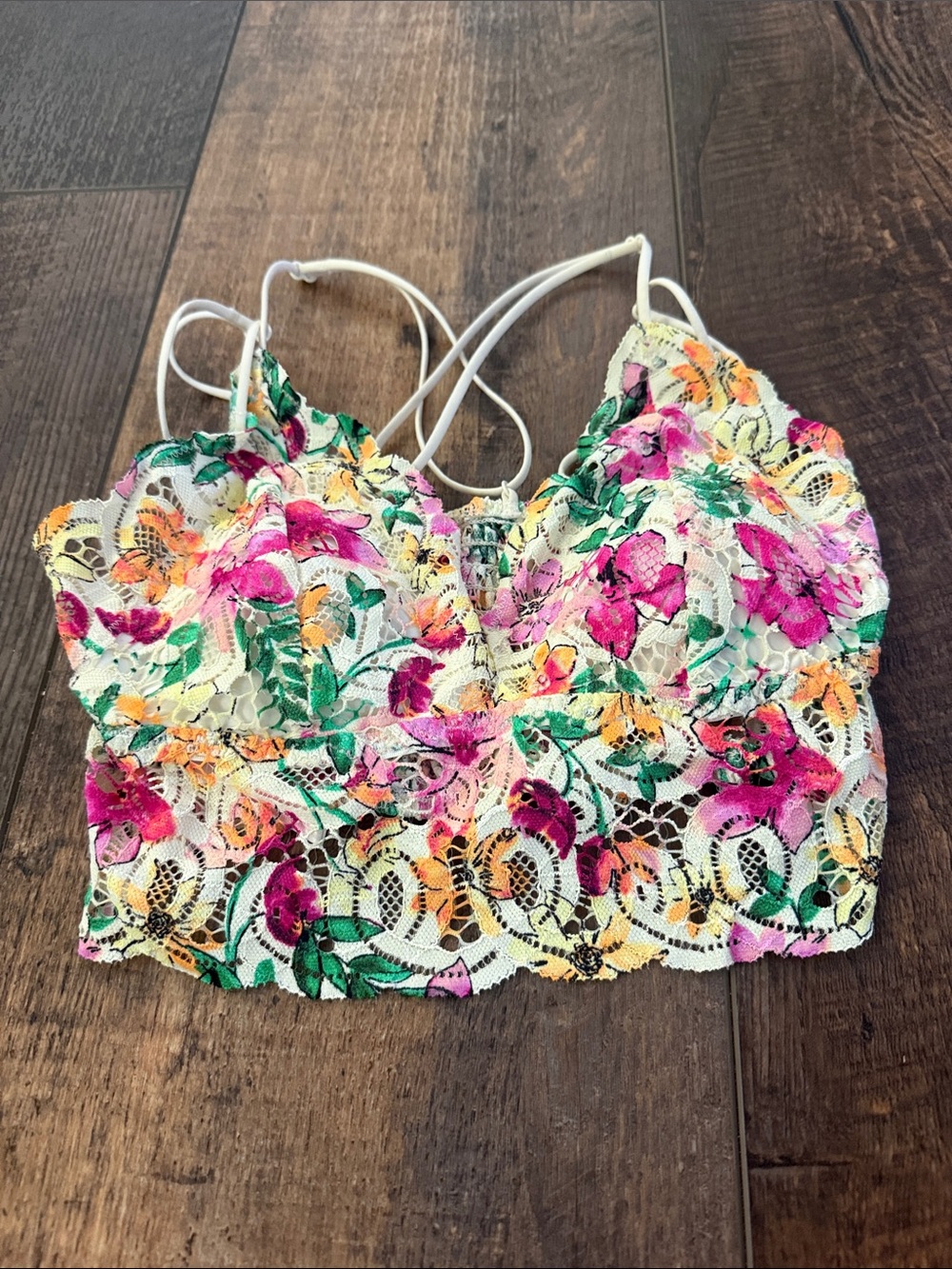 PINK Victoria's Secret Floral Lace Bralette in White, Pink & Green